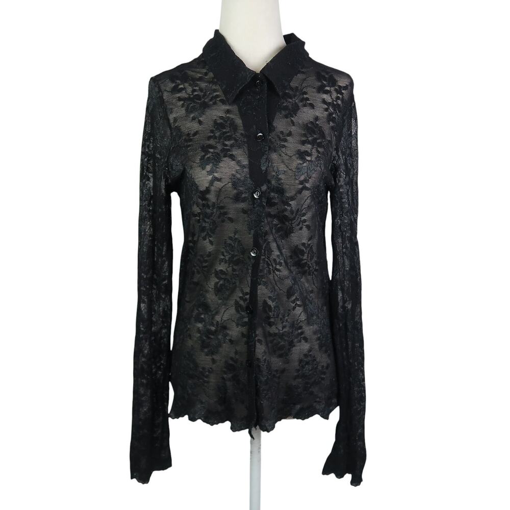Vintage 90s Versailles Black Sheer Floral Lace Button Down Blouse Top S